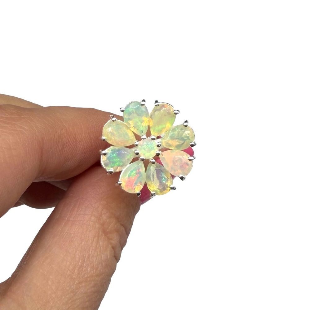 Ethiopian Fire Opal Flower Ring Solid 925 Sterling Silver Size 10 - Picture 4 of 10